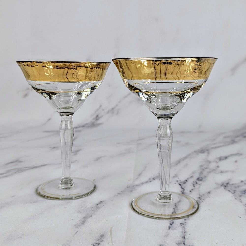 Vintage Aritzia gold-rimmed coupe glasses set of 2 in fair condition