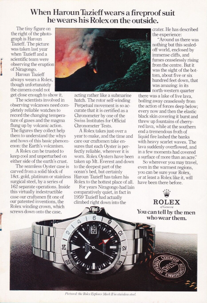 ROLEX Explorer Haroun Tazieff 1974 Vintage Print Ad