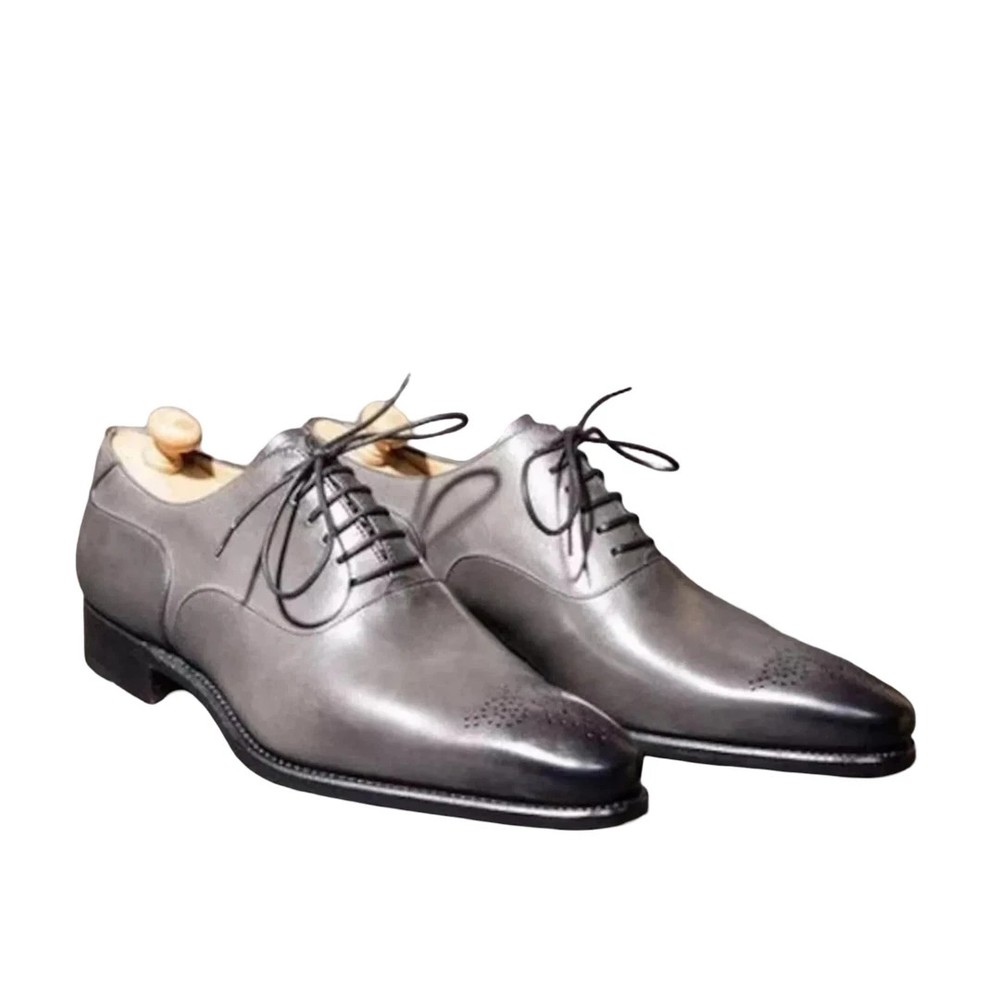 New Handmade Grey Genuine Leather Brogue Oxford Lace Dress Office Shoes For Men