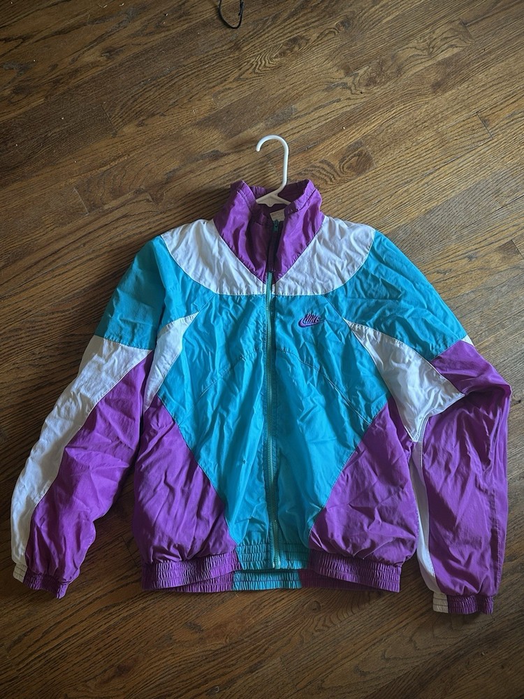 Nike 90s Women's Windbreaker Jacket Full Zip Teal Purple White Lightweight M
