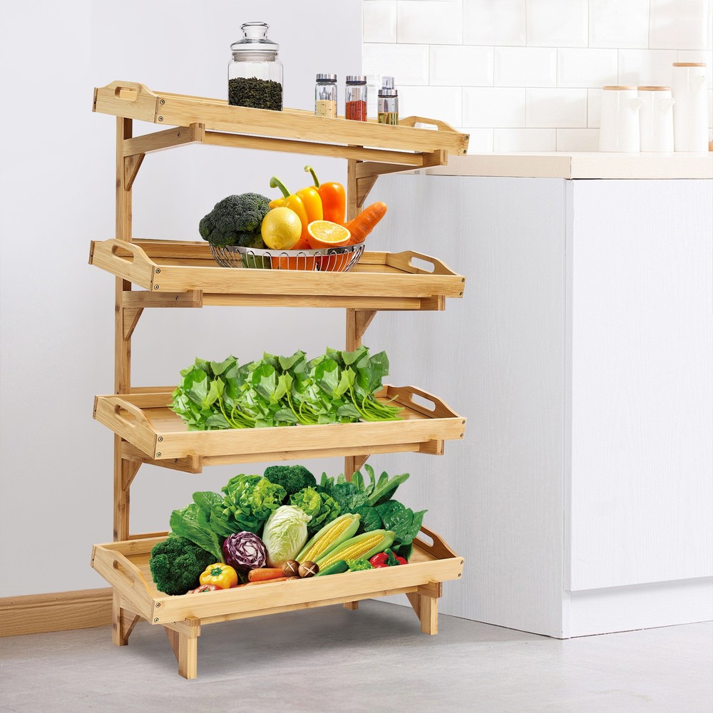 4-Tier Bamboo Storage Shelf with Removable Trays - Space-Saving Floor Rack
