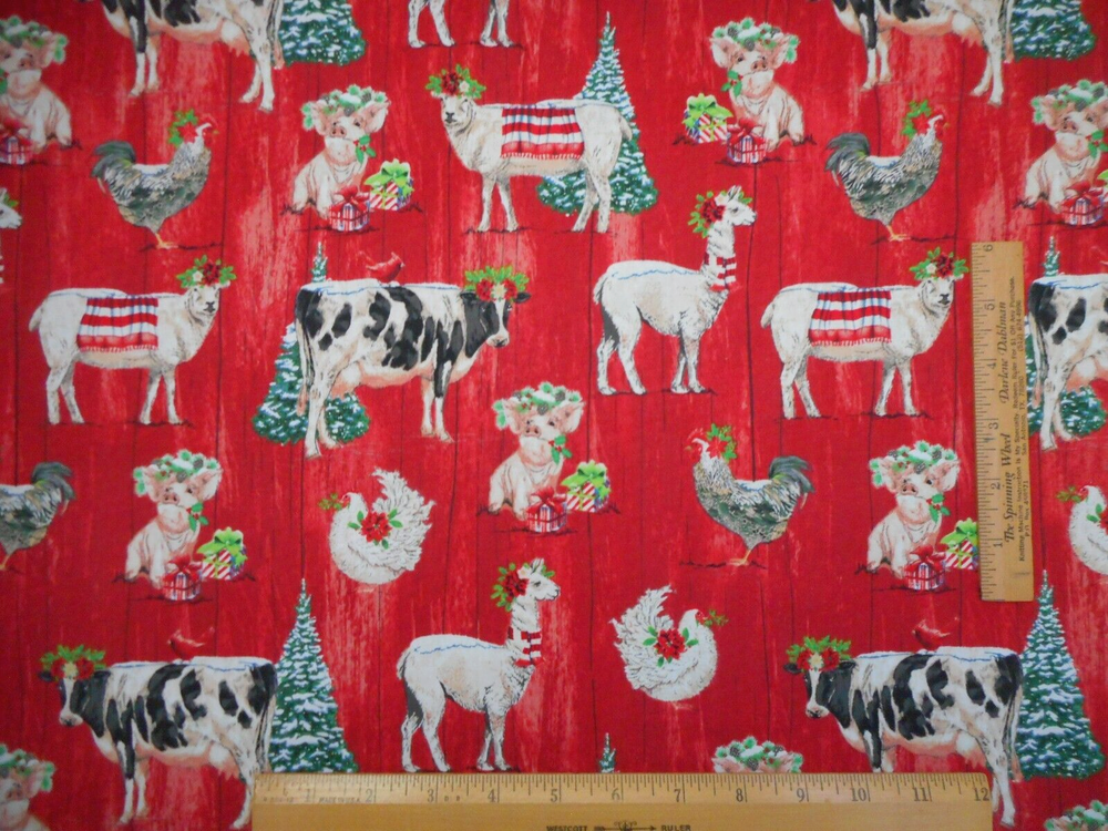 Christmas Fabric Half-Yard Festive Animals Cow Pig+ on Red Premium Cotton #40