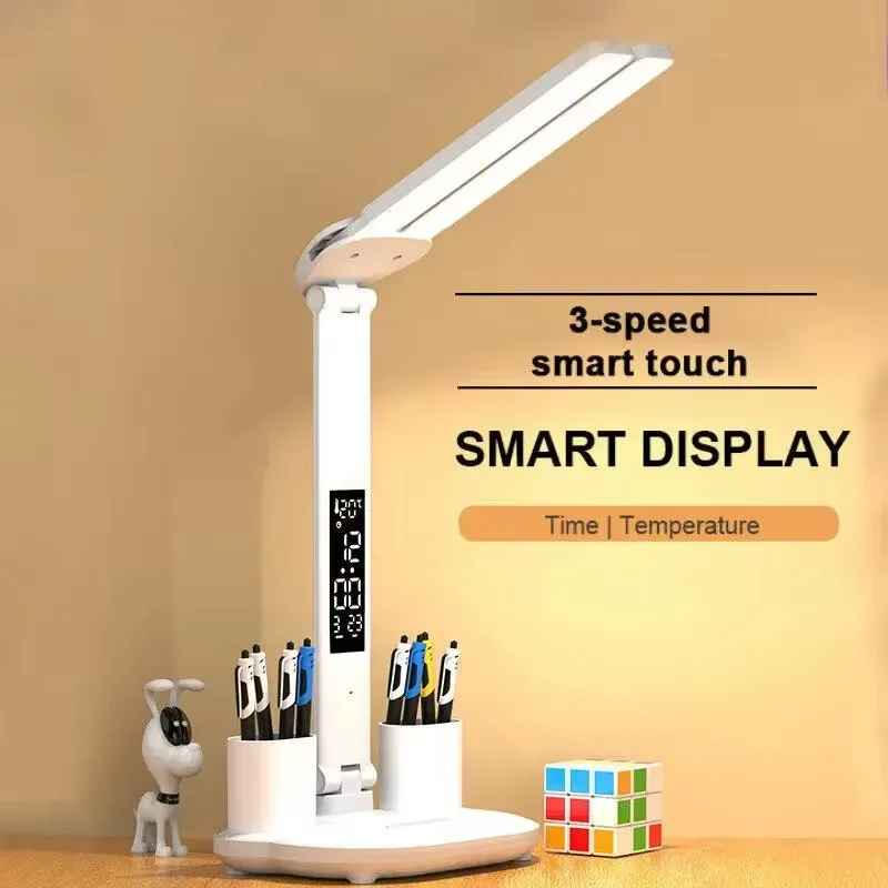LED Clock Table Lamp USB Chargeable Dimmable Desk Lamps 2 Heads 180 Rotate Fold