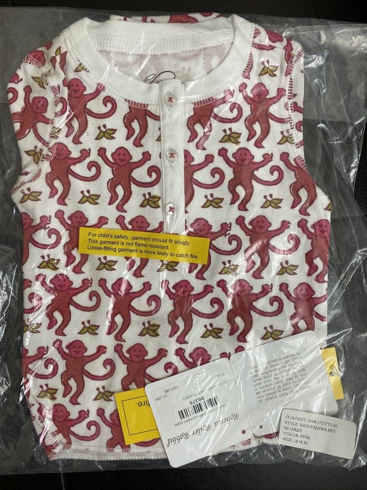 roberta roller rabbit kids pajama set monkey pink sz 12-18m