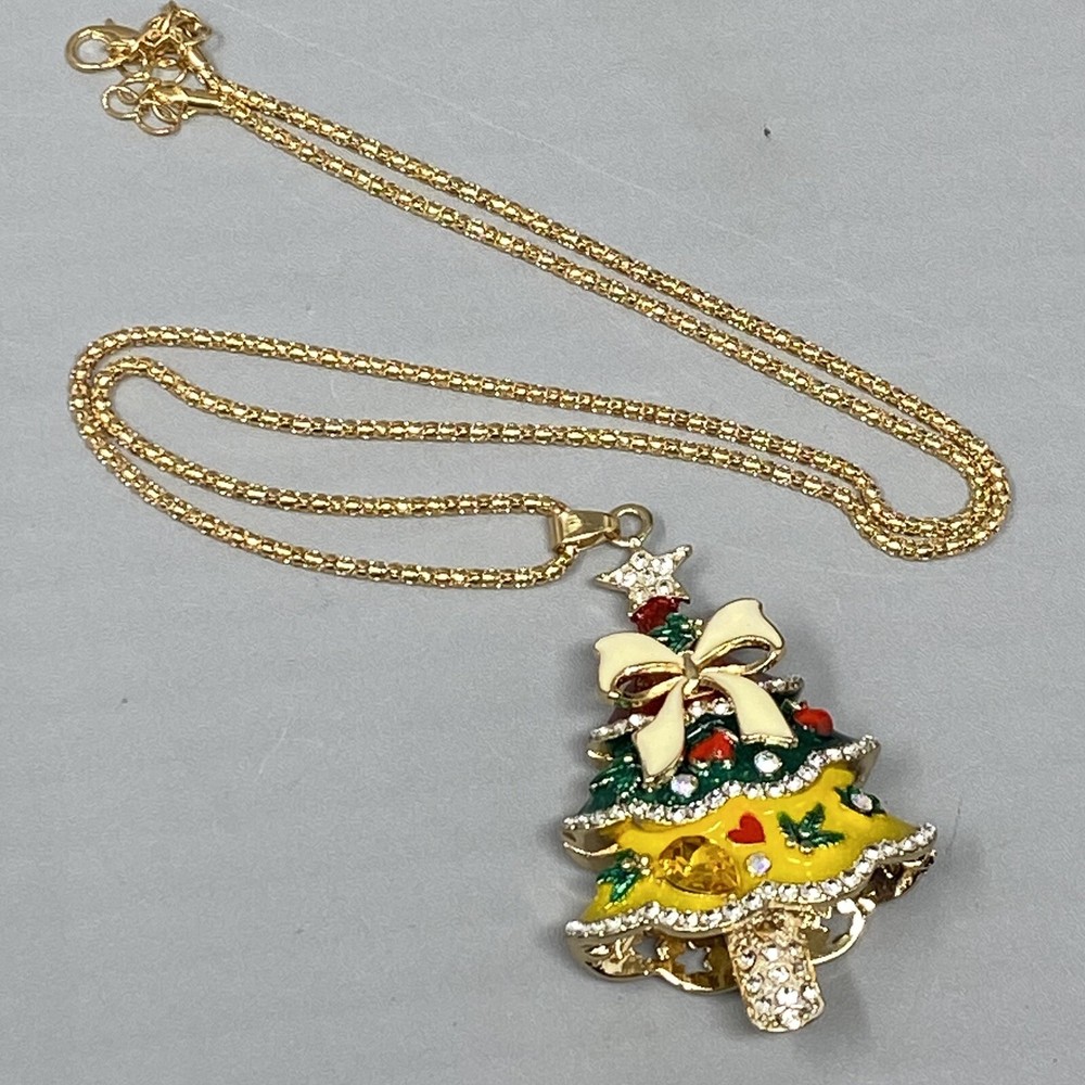Christmas Pendant Necklace Tree Green Yellow Enamel Glass Rhinestones Quirky 24