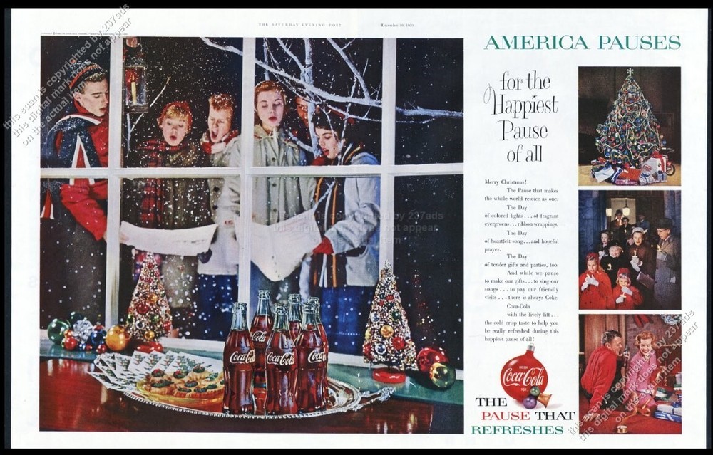 1959 Coke Christmas carolers tree decorations photo Coca Cola vintage print ad