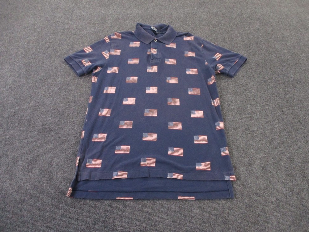 Vintage Polo Ralph Lauren Polo Shirt Men M Blue USA Flag Print Sport Preppy Golf