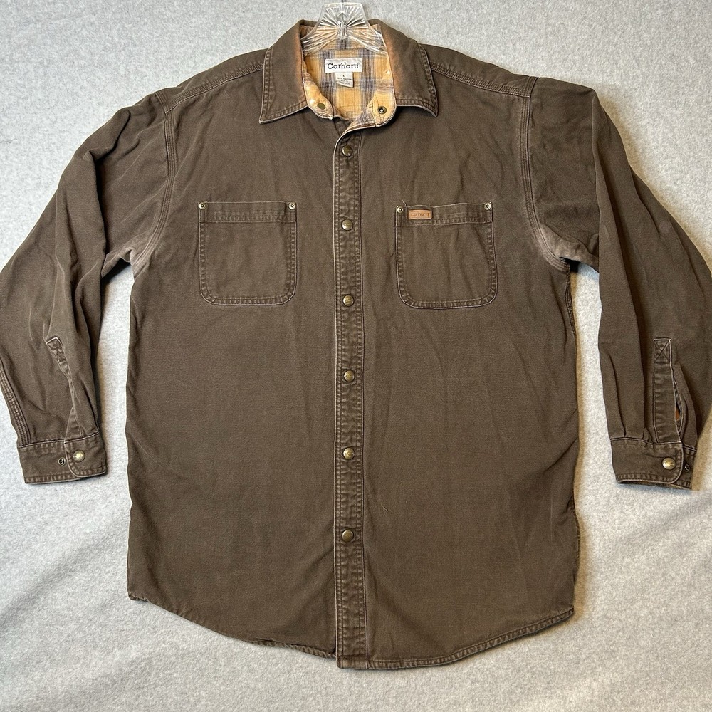 Carhartt Flannel Lined Shirt Jacket Brown Mens Large S296 DKB Workwear Grunge Style