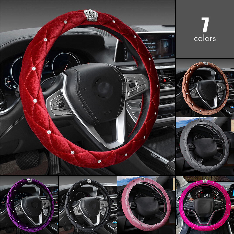 38cm Plush Car Steering Wheel Cover Bling Diamonds Rhinestones Crown Luxury