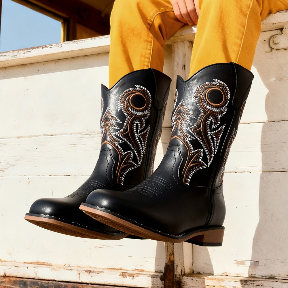 Kids Boys Girls Pull On Western Boots Square Toe Cowboy Cowgirl Mid Calf Boots