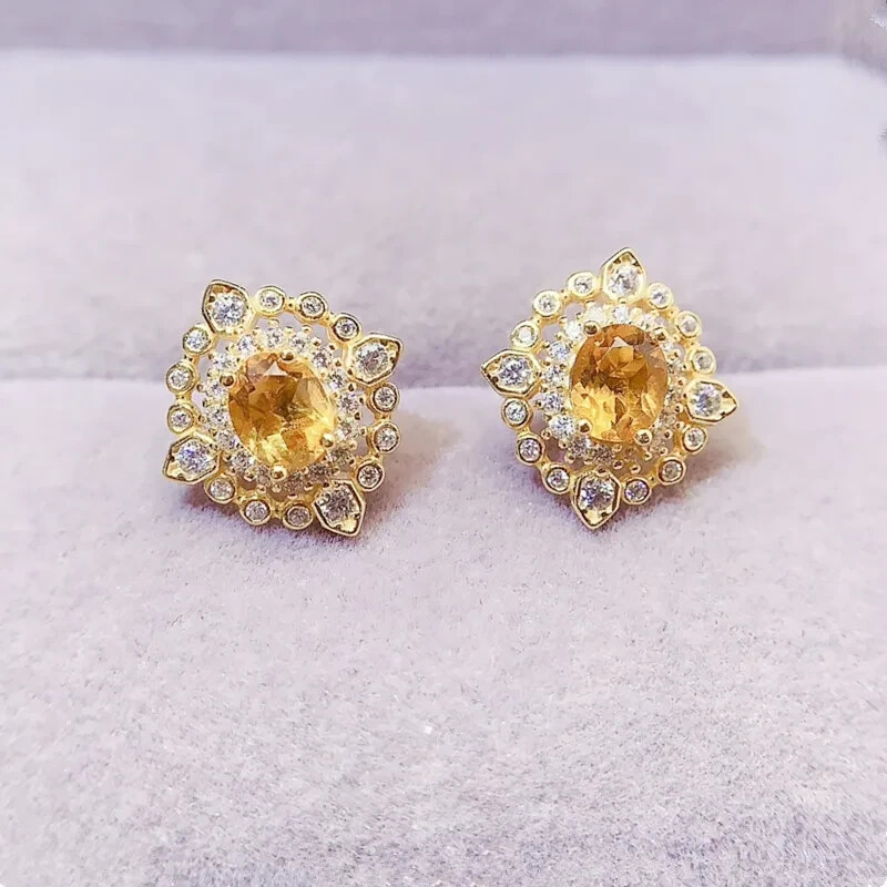 Natural Citrine Gemstone Earrings 4x5mm in 18k White Gold Plated