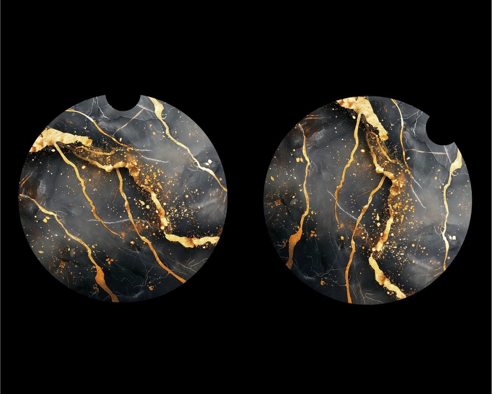 BLACK AND GOLDEN MARBLE  Car Coasters 2 Pack Absorbent 2.75 Inch GREAT GIFT IDEA