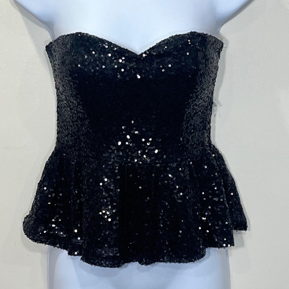 Black Sequin Corset Peblum Bustier Small Y2K Holiday Witchy Dark Feminine Goth
