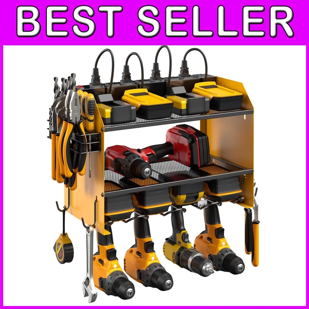 2-Tier Power Tool Storage with Surge Protection Charging Station