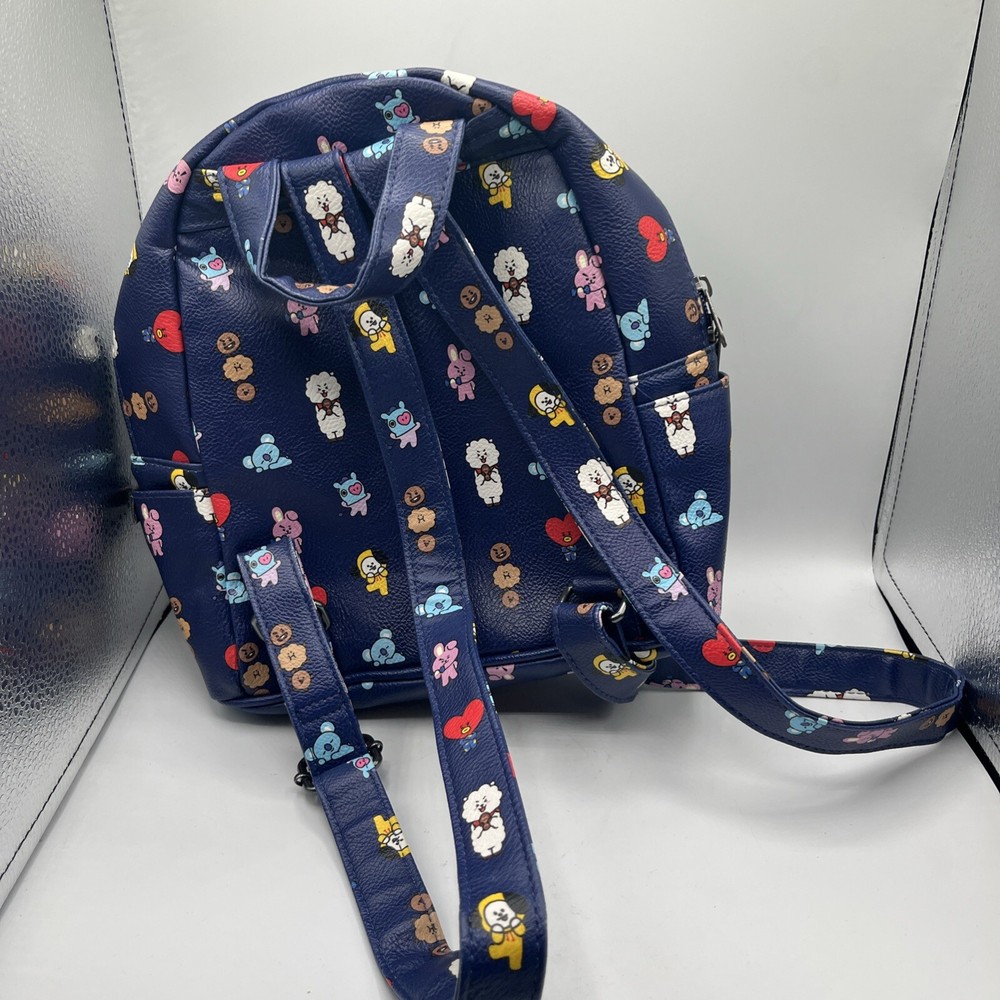 BT21 Navy Blue Faux Leather Mini Backpack with All Over Print