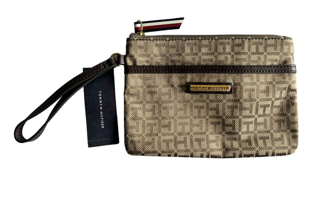Tommy Hilfiger Cotton Logo Print & Faux Leather Brown Wristlet New With Tag