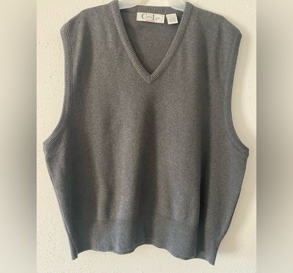 Cypress Links Vintage Light Gray Golf Sweater Vest Mens XL V Neck 100% Cotton