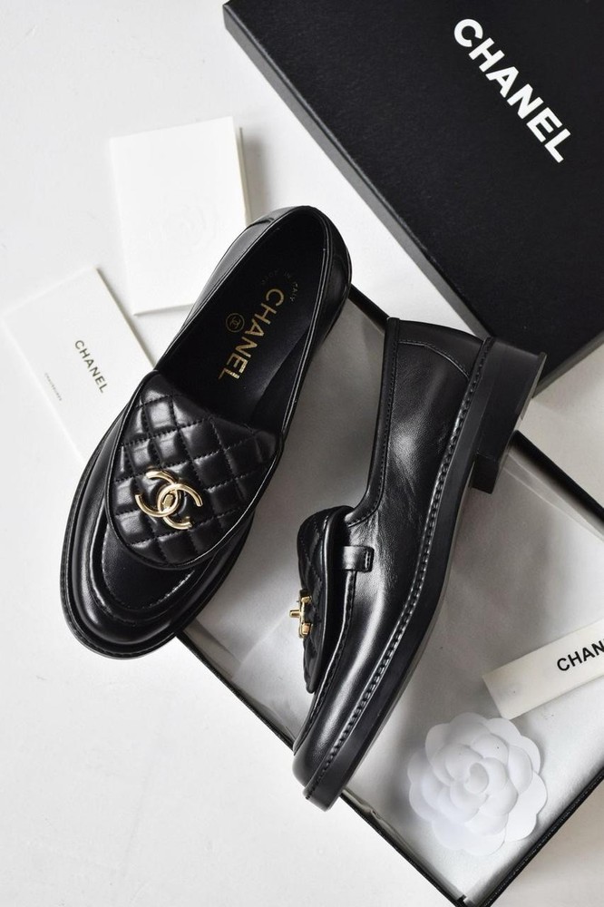 Chanel Black Wine Twist Lock Loafers with Gold CC Logo