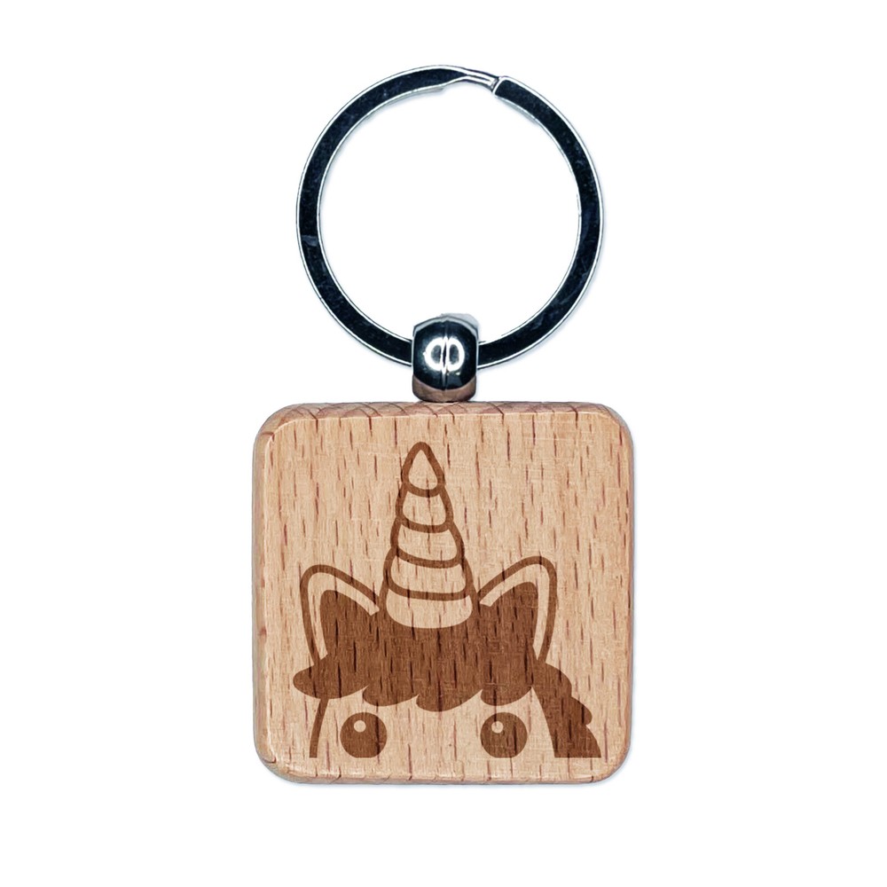 Peeking Unicorn Engraved Wood Square Keychain Tag Charm