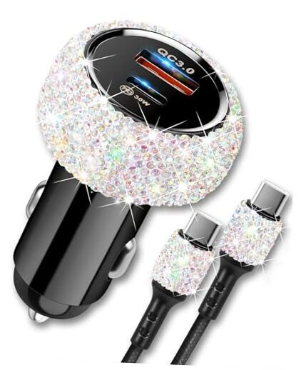 Bling USB C Car Charger, 48W PD QC Dual Port Fast Adapter with 3.2FT Multicolor