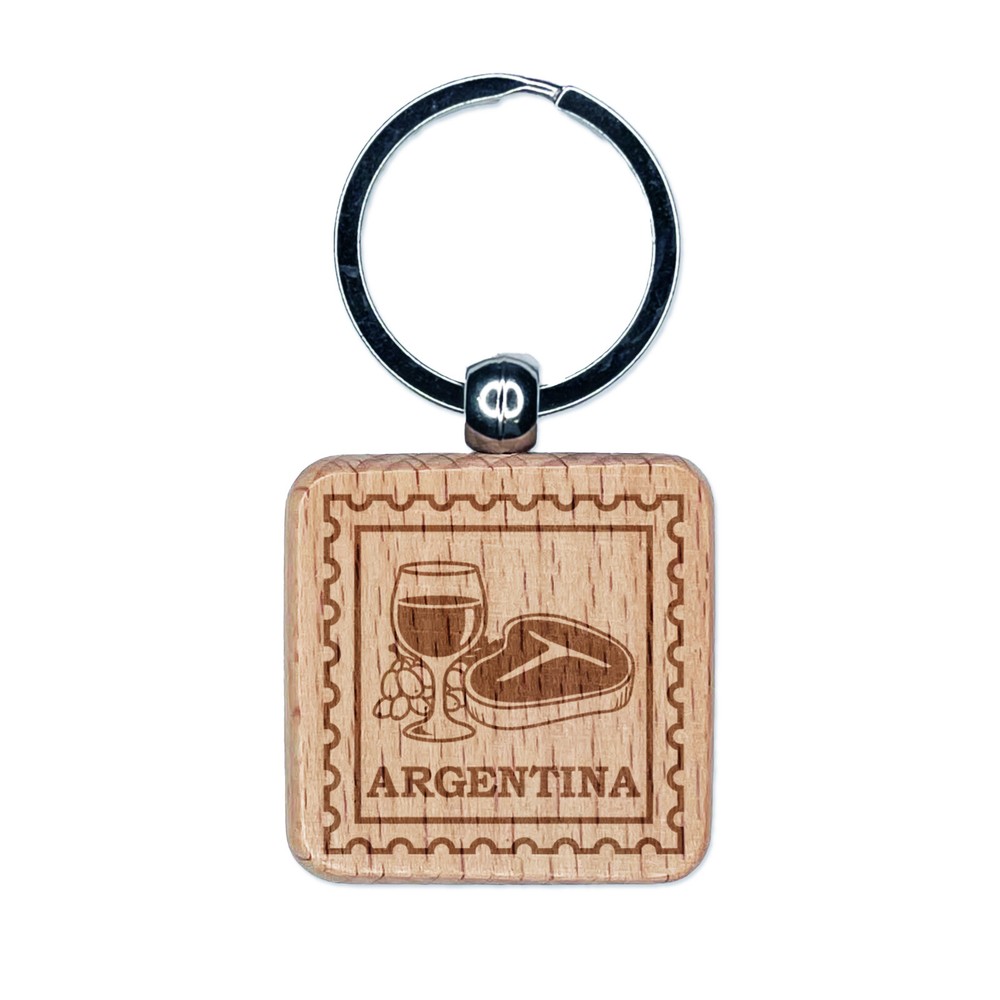 Argentina Travel Wine Glass Steak Engraved Wood Square Keychain Tag Charm