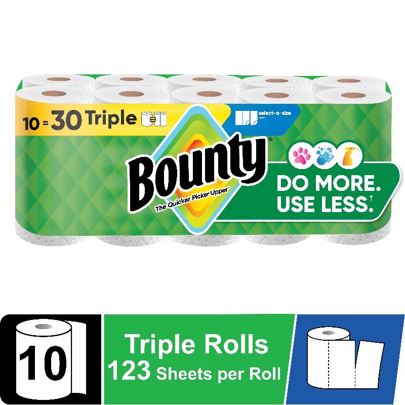 Bounty Paper Towels Select-A-Size White, 10 Triple Rolls, 123 Sheets Per Roll