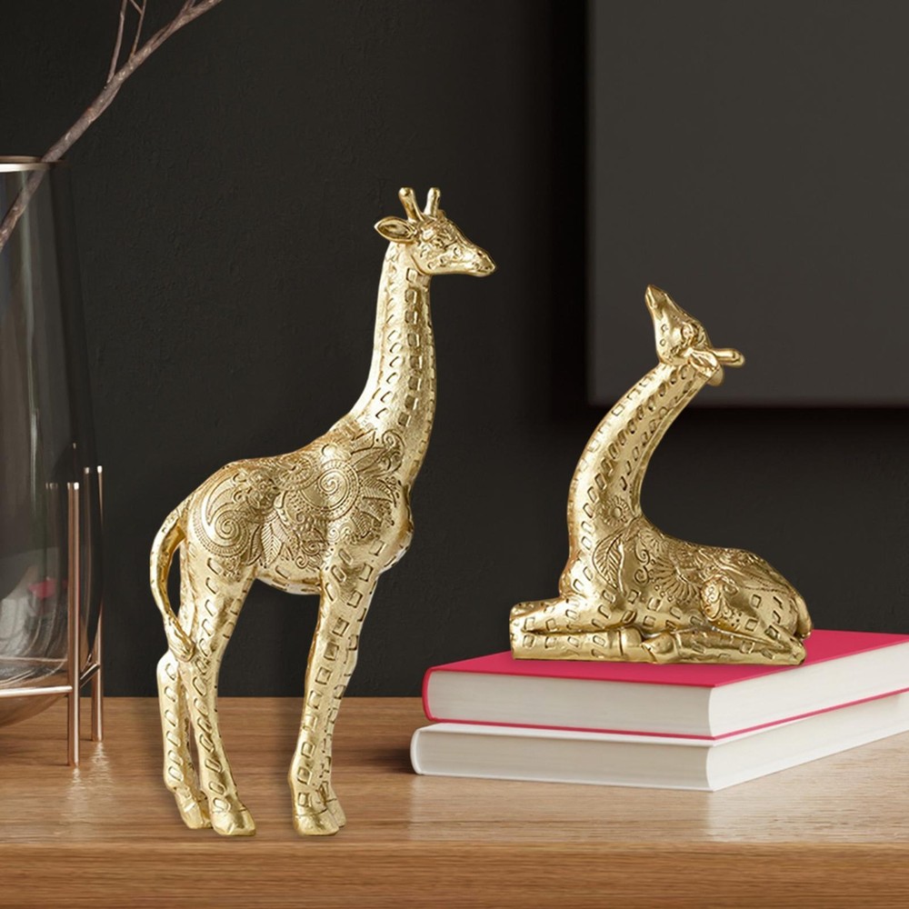 2 Pcs Figurines Animal Giraffe Resin Carved Medium Modern Gold Free Stand Decor