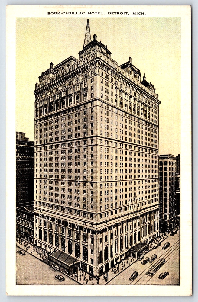 VINTAGE OLD ANTIQUE POSTCARD BOOK CADILLAC HOTEL BUILDING CARS DETROIT MICHIGAN