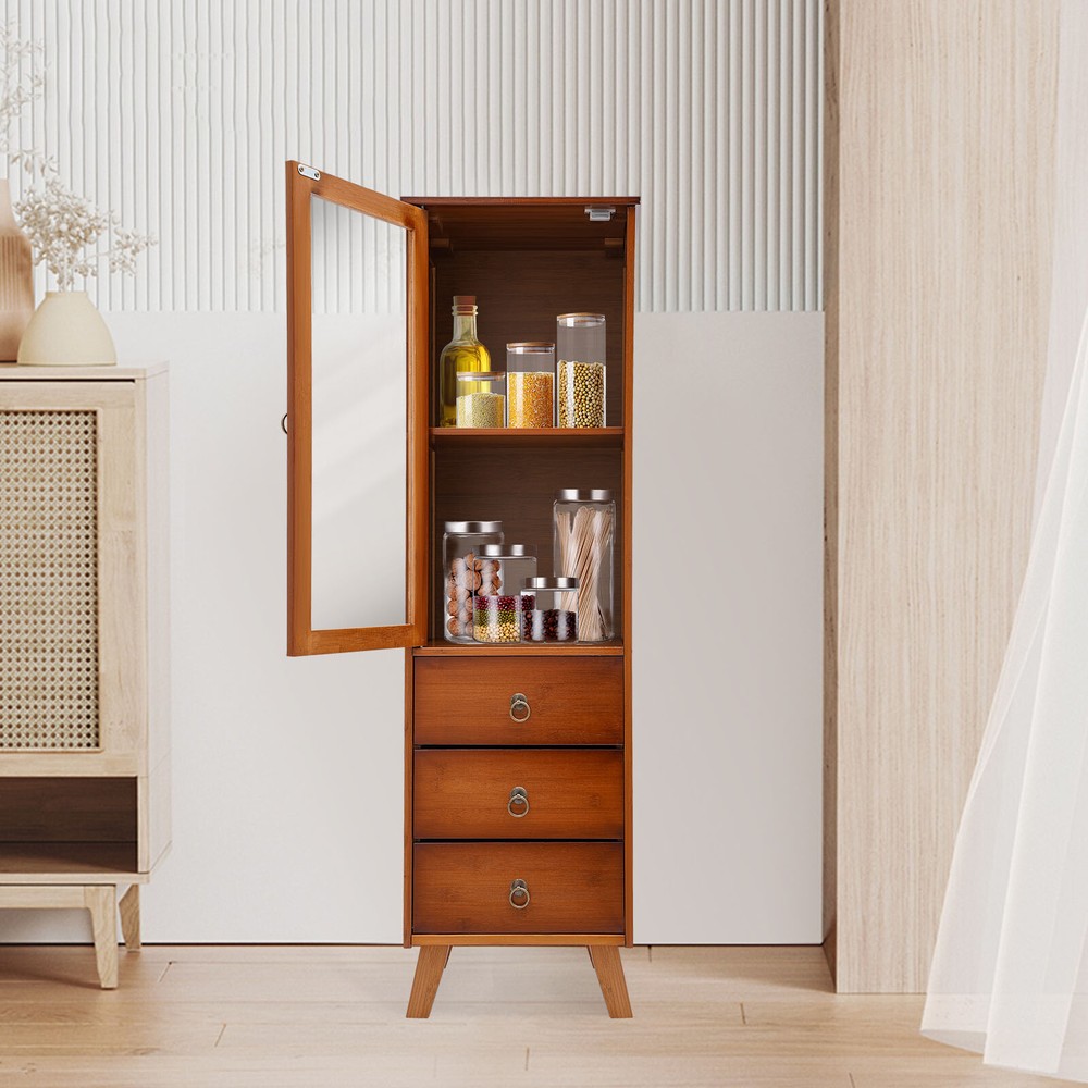 Durable Bamboo Storage Cabinet with Drawers Freestanding Single-Door Cupboard  