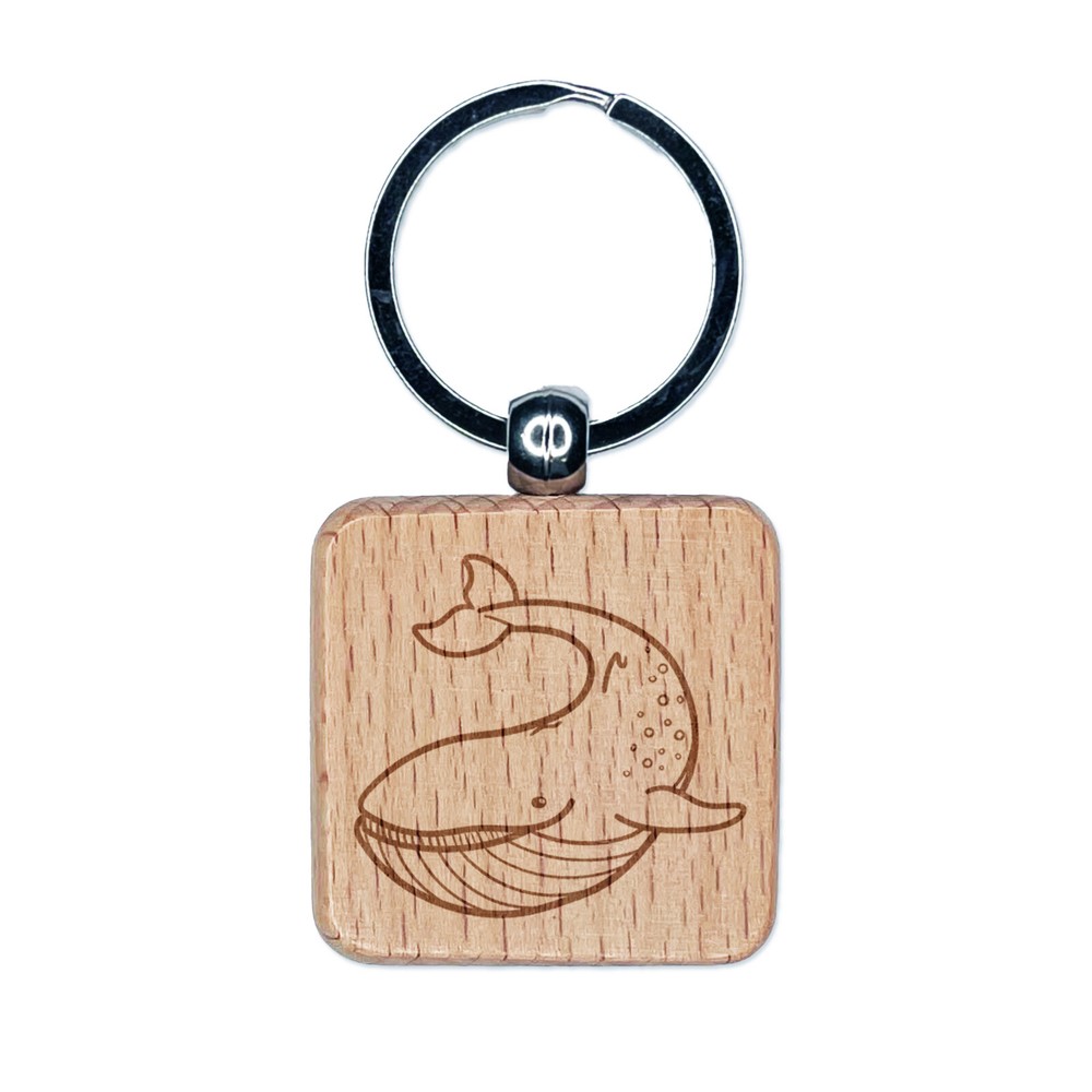 Gentle Blue Whale Engraved Wood Square Keychain Tag Charm
