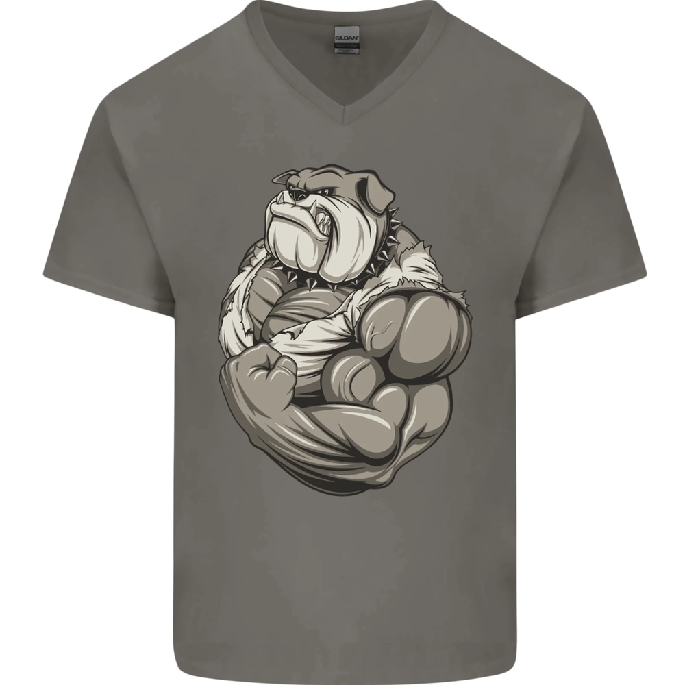 Bulldog Gym Bodybuilding Training Top Mens V-Neck Cotton T-Shirt