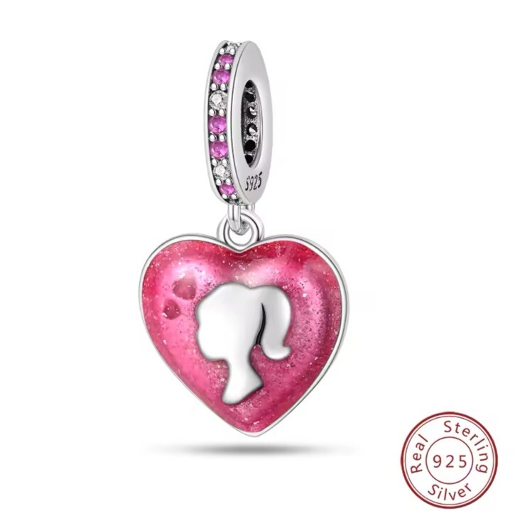 Pink Heart Barbie Charm Beads in 925 Sterling Silver Gradient Pendant Gift