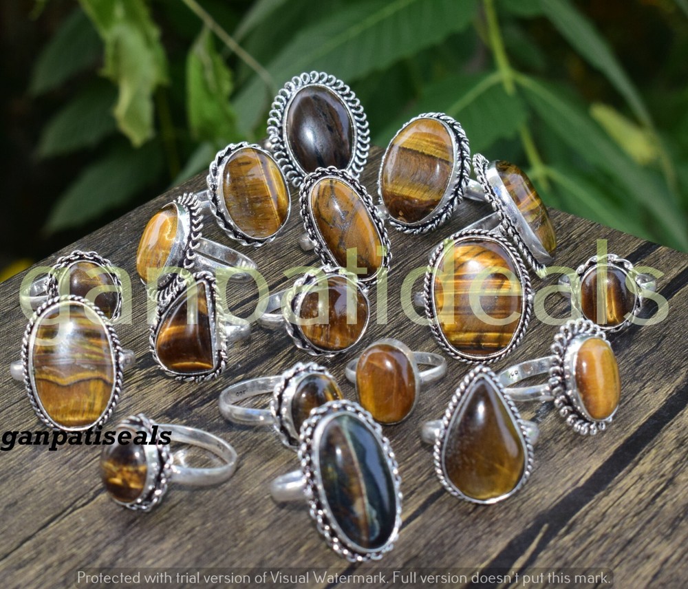 Christmas Sale ! Tiger Eye Gemstone Ring 5pc Wholesale Lot 925 Silver Plated