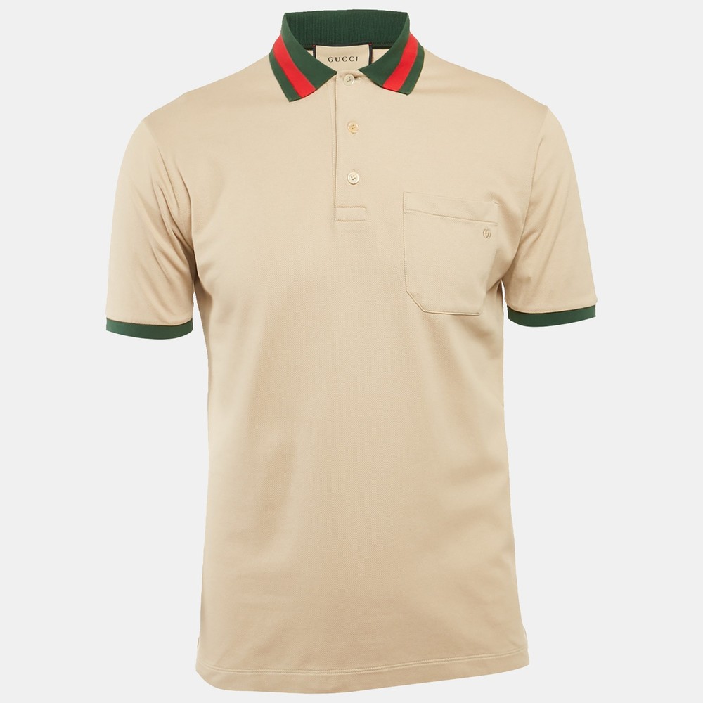 Gucci Beige Cotton Piquet Polo T-Shirt with Web Collar in XS