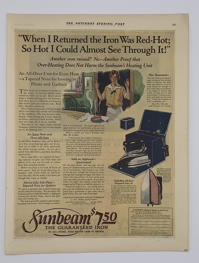 Vintage 1925 Sunbeam Iron Guaranteed Fire Proof Case Chicago Coupon Print Ad-image