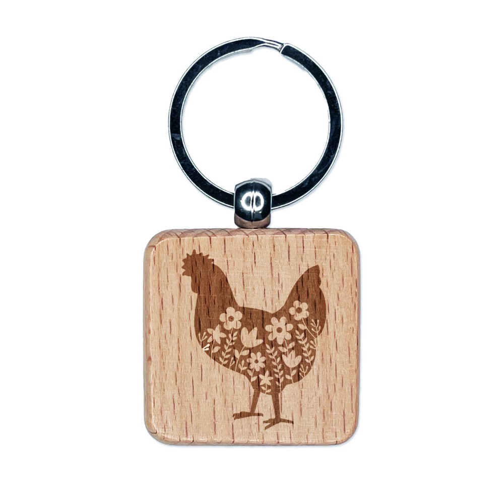 Floral Chicken Engraved Wood Square Keychain Tag Charm