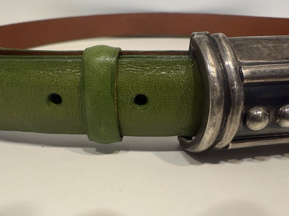 Pat Areias Sterling Silver Belt Buckle & Green Calfskin Belt Size 34 Stunning