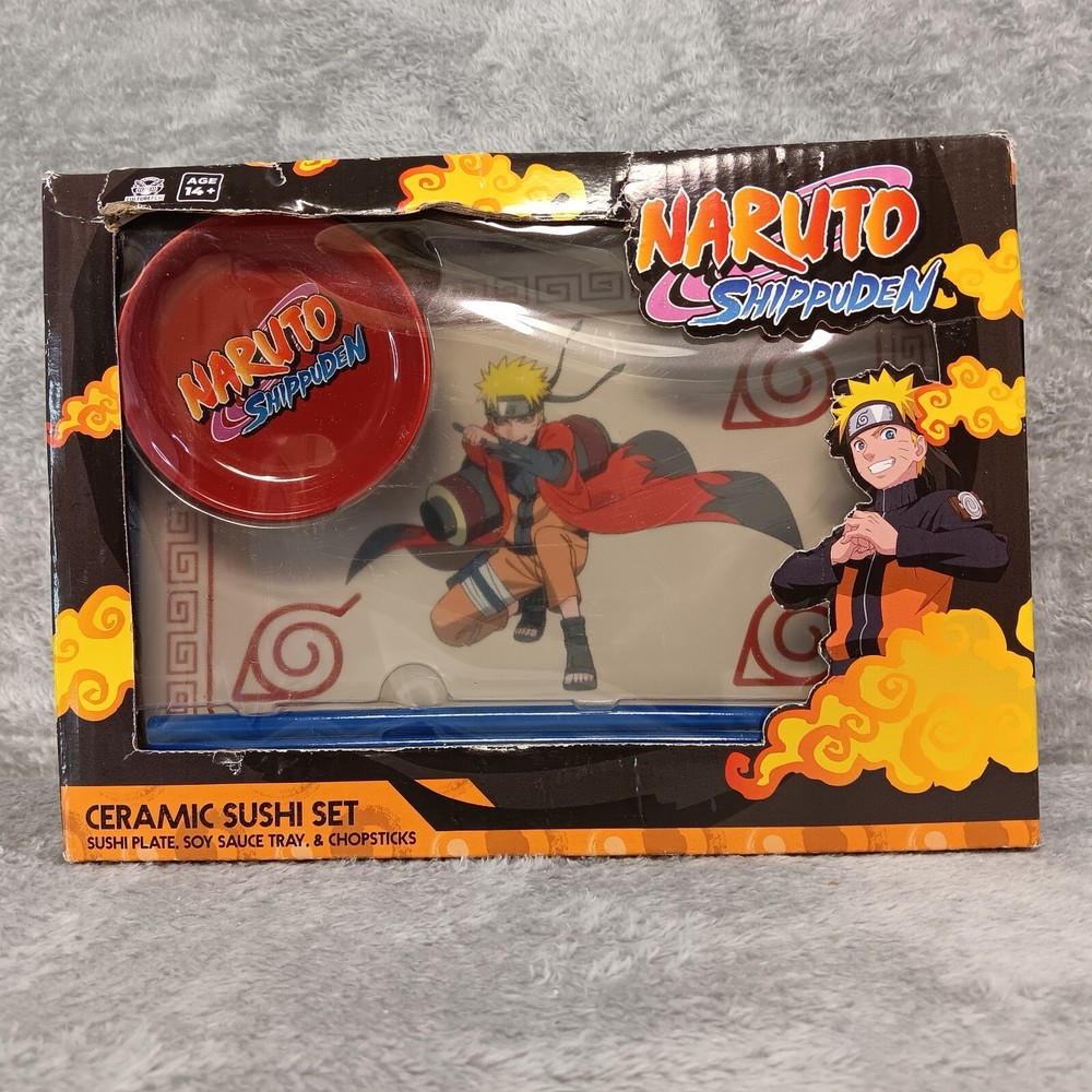 Naruto Shippuden Ceramic Sushi Set Plate Soy Sauce Bowl Chopsticks NIB