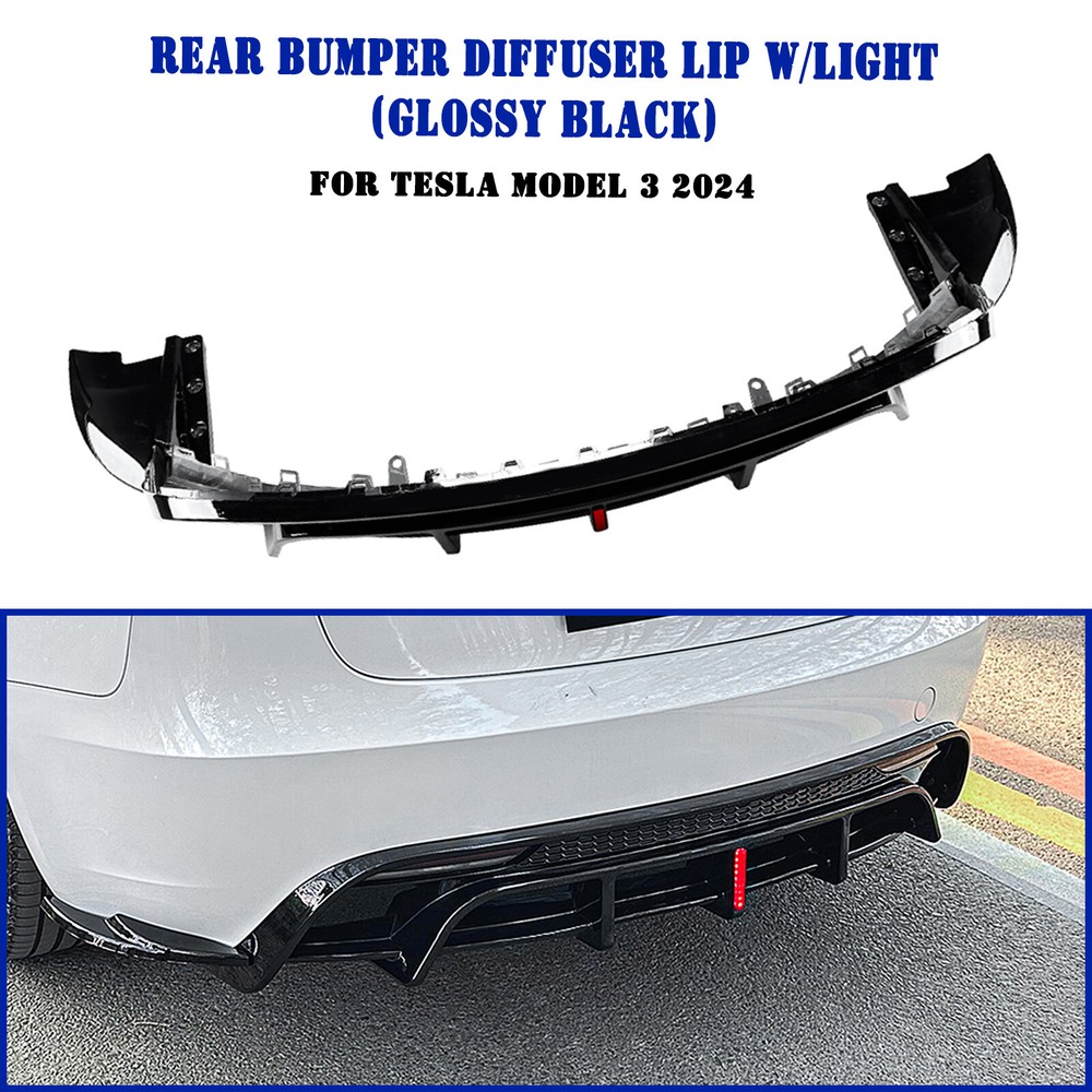 Gloss Black Rear Bumper Diffuser Lip W/ Light For Tesla Model 3 24-25