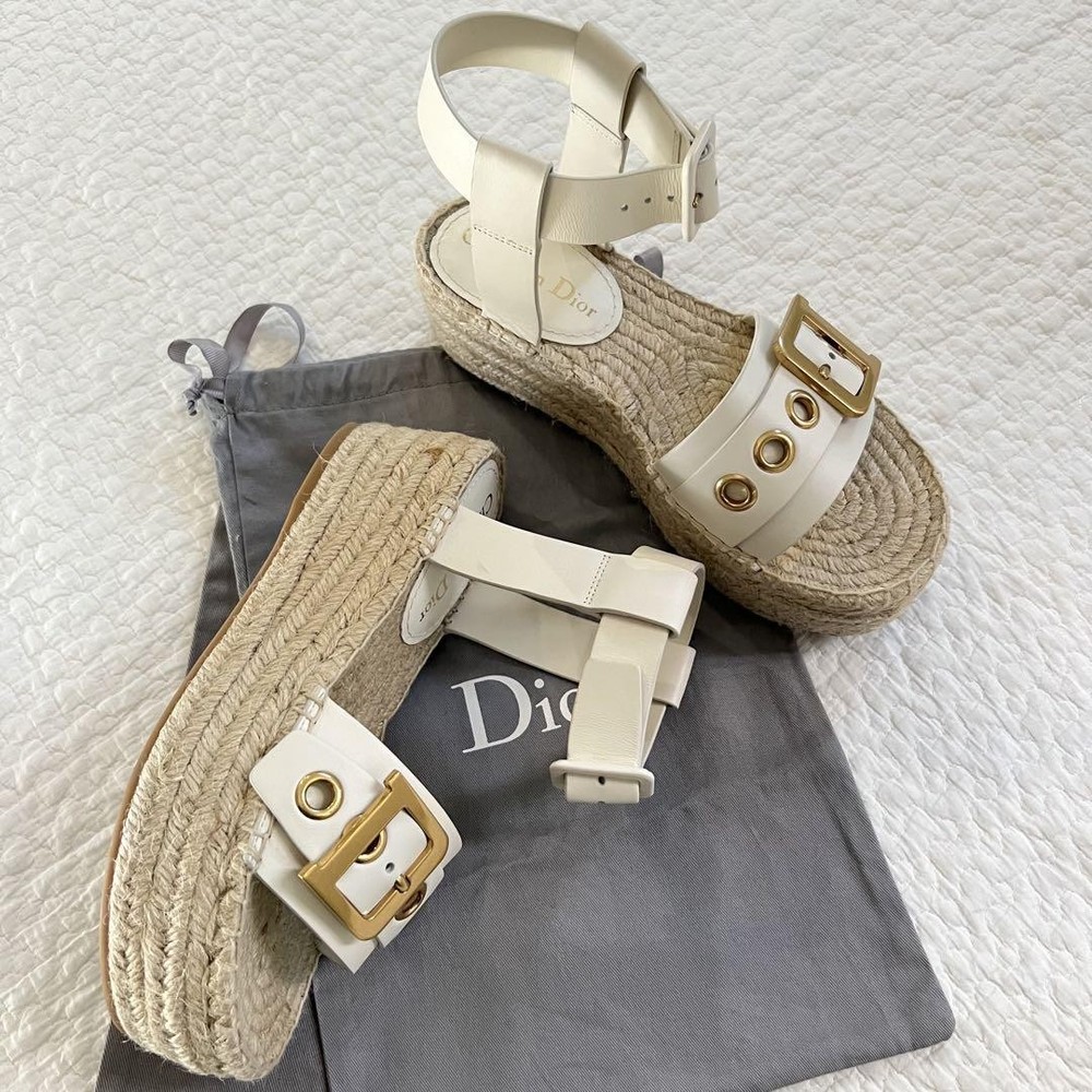 Christian Dior Espadrilles D-Logo Sandals 36 White Leather Used Excellent+ Auth