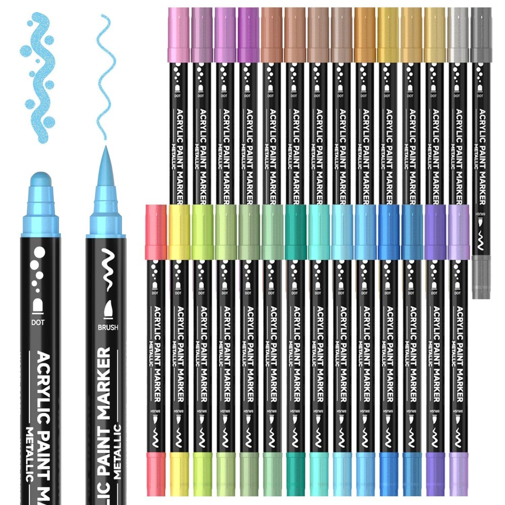 28 Metallic Colors Dual Tip Acrylic Paint Markers, Brush Tip and Dot Tip Acry...