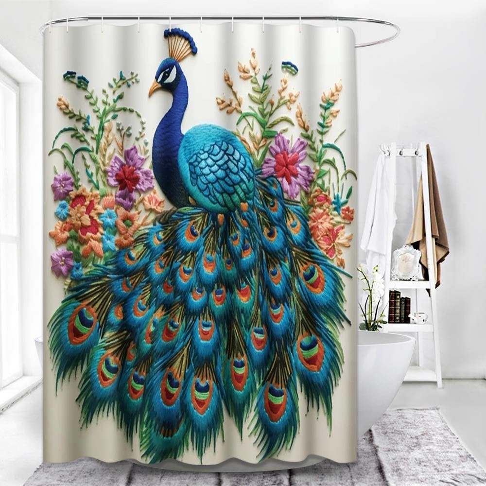Shower Curtain Sets Bathroom with 12 Hooks, Colorful Feathers Peacock, Bath D...