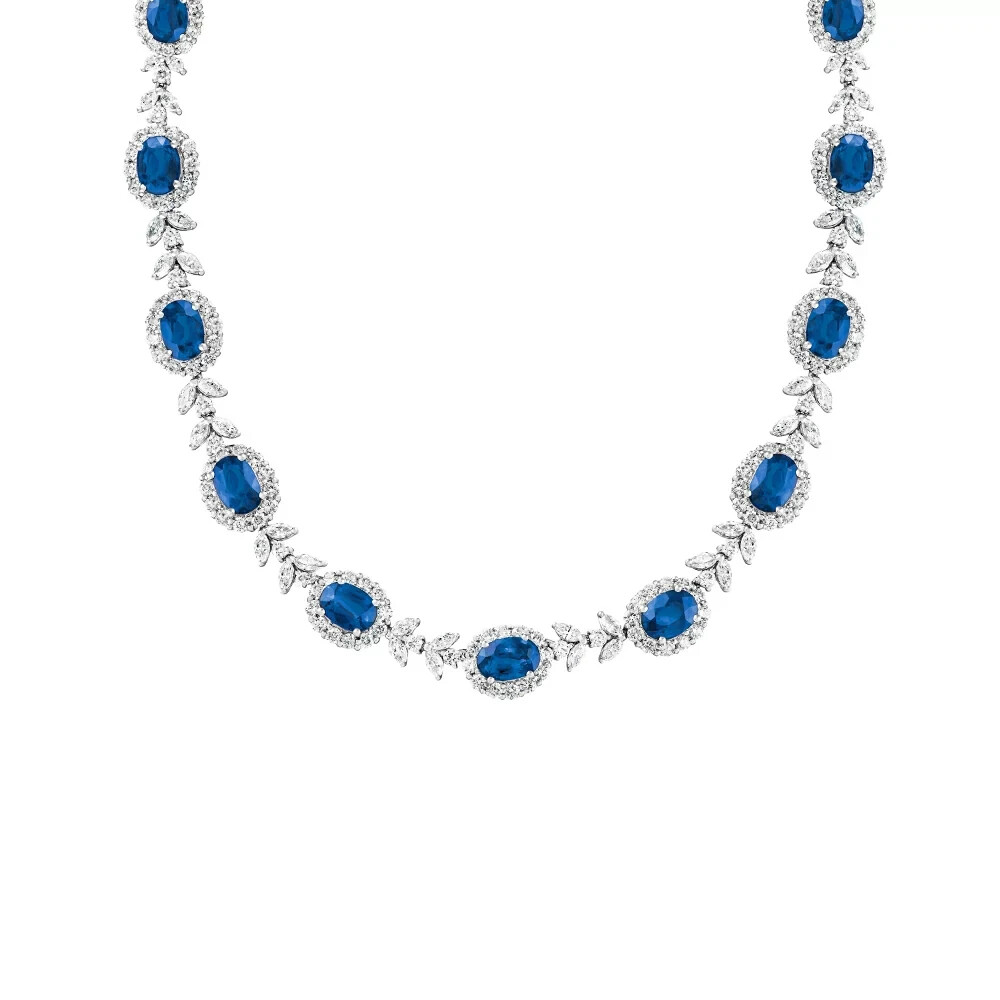 25ct Oval Simulated Blue Sapphire CZ Tennis Necklace in 14k White Gold Plated SLVR