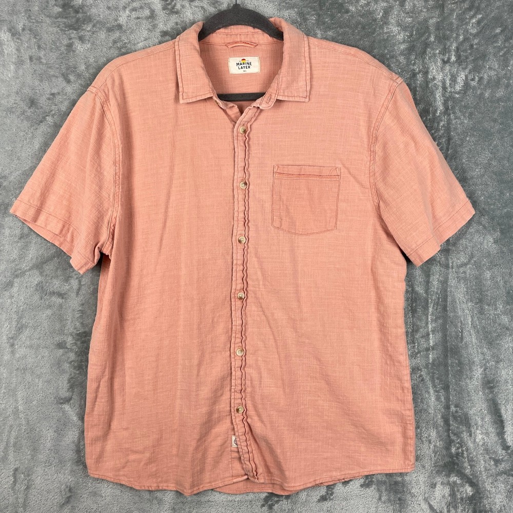 Marine Layer Shirt Mens M/L Peach Cotton Stretch Casual Short Sleeve Button Up