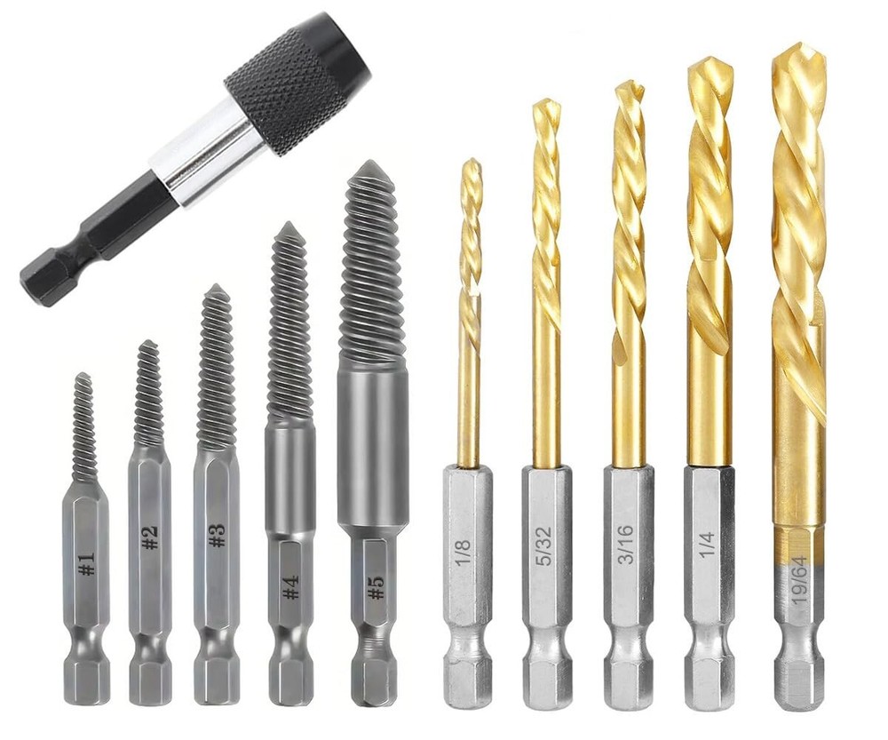 11PCS Left Hand Reverse Twist Drill Screw Extractor Set with 1/4 Inch Hex Shank