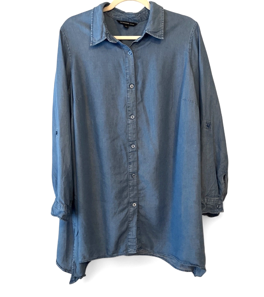 ZAC & RACHEL WOMAN Blue Tencel Chambray BUTTON-UP TUNIC SHIRT TOP Side Splits 3X