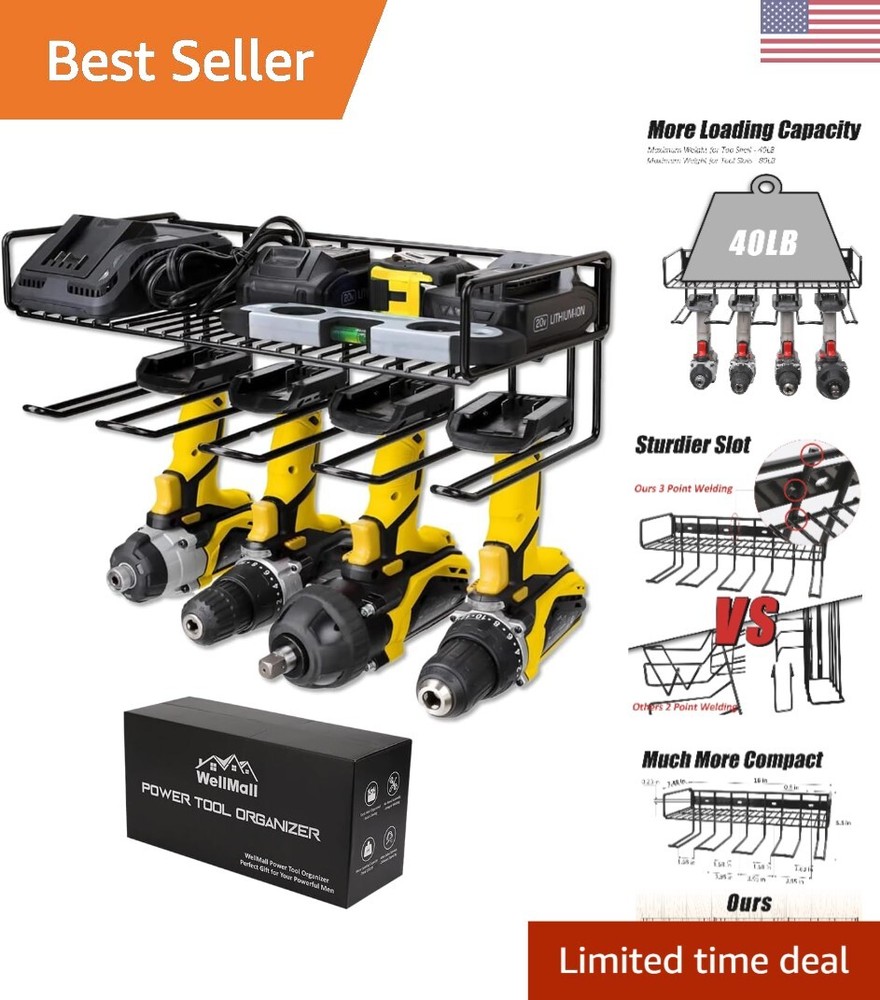 Wall-Mounted Power Tool Rack with Heavy-Duty Slots
