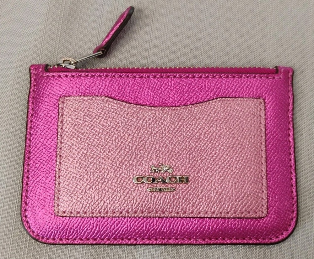COACH Metallic Pink Leather Zip Card Case with Corner Stitch Detail