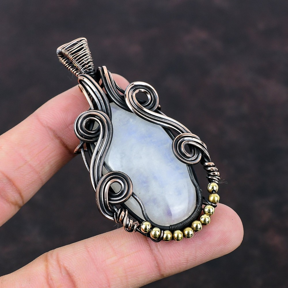 New Year Deal Copper Rainbow Moonstone Stone Art Deco Wife Wire Wrapped Pendant
