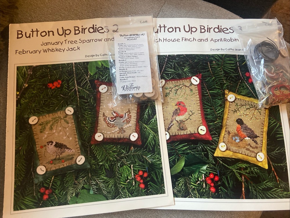Lot 2 Button Up Birdies Cross Stitch Patterns Victoria Samplers New & accessory